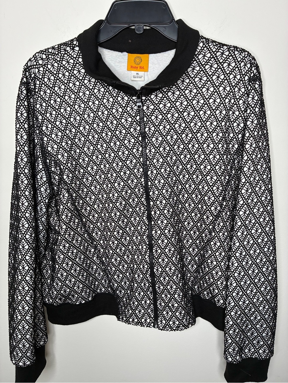 Ruby Rd. Black & White Geometric Knit Zip BomberJacket Size XL Office
